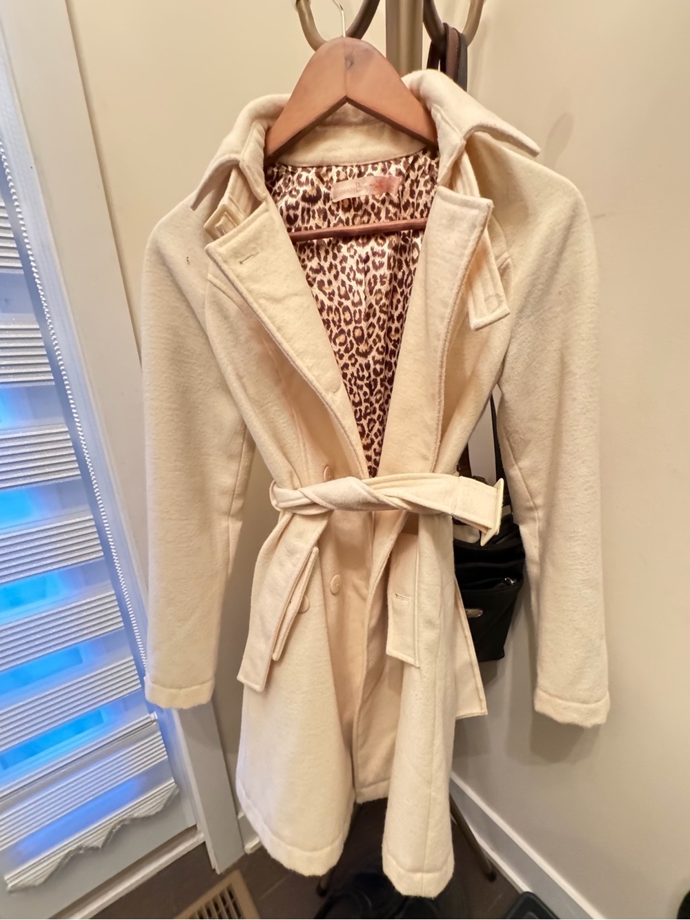 Cream Wool-Blend Trench Coat with Leopard Print Lining